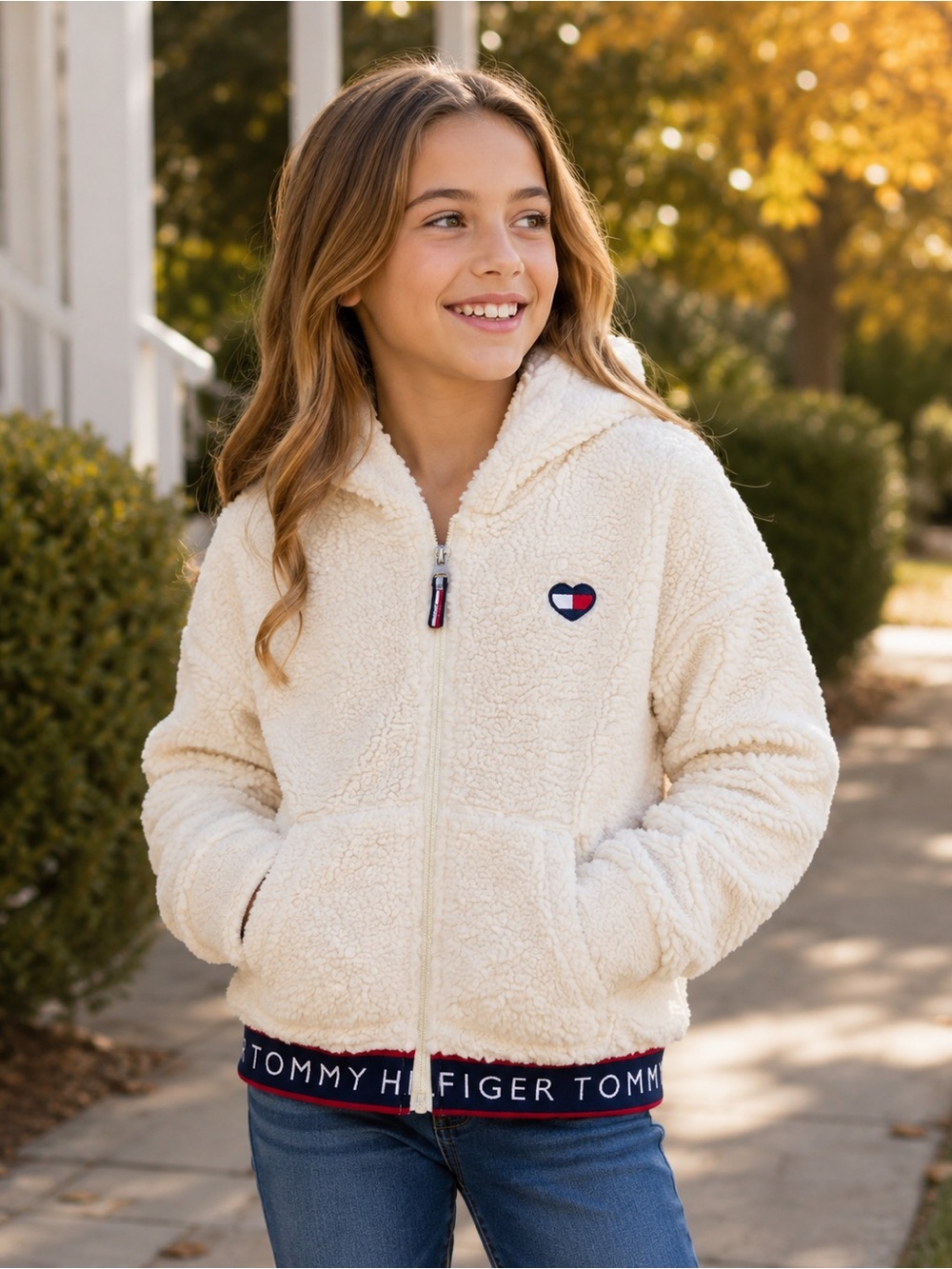 Tommy Hilfiger Girls Sherpa Fleece Hoodie Cream Full Zip Jacket Size M